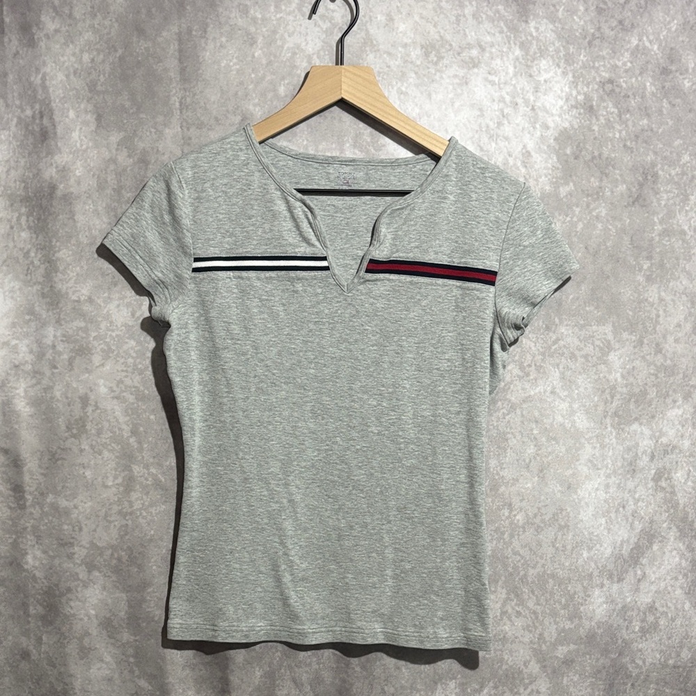Tommy Hilfiger Gray Short Sleeve Top with Striped Accents